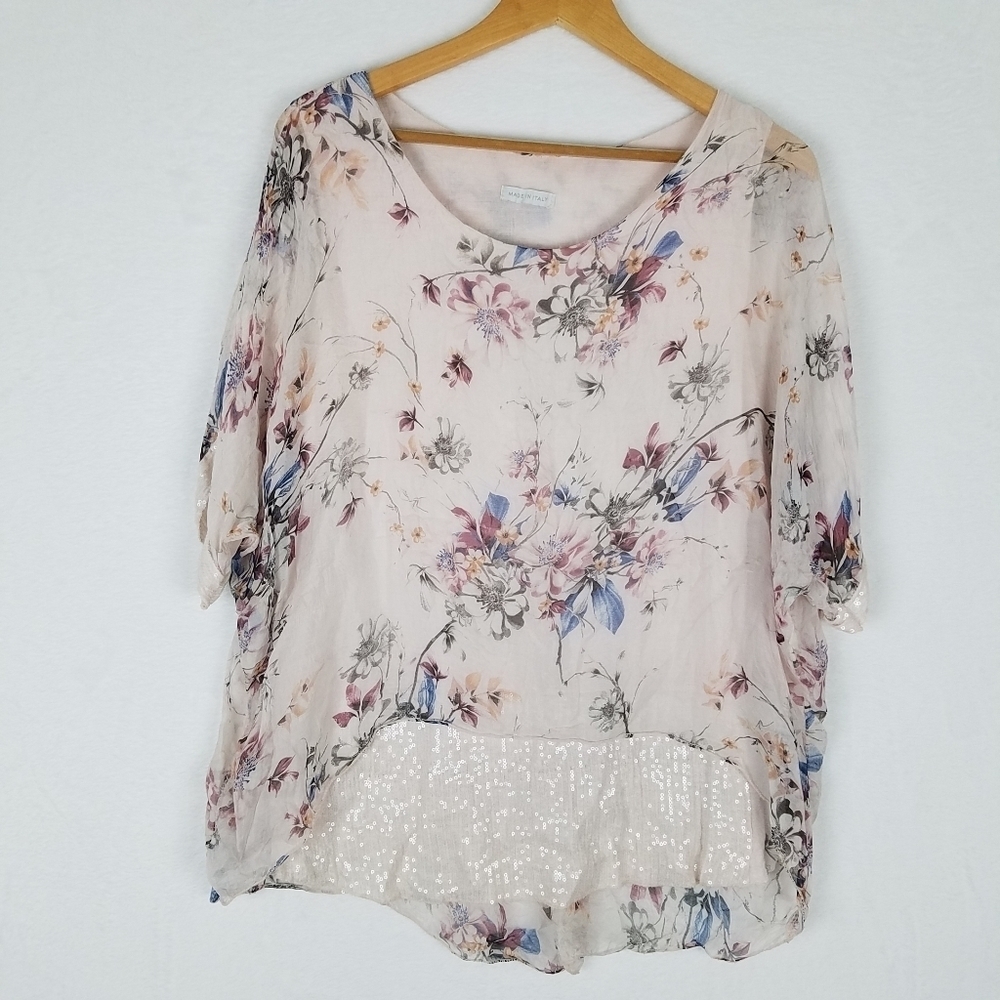 Floral Print Sheer Blouse with Sequin Hem - Light Pink